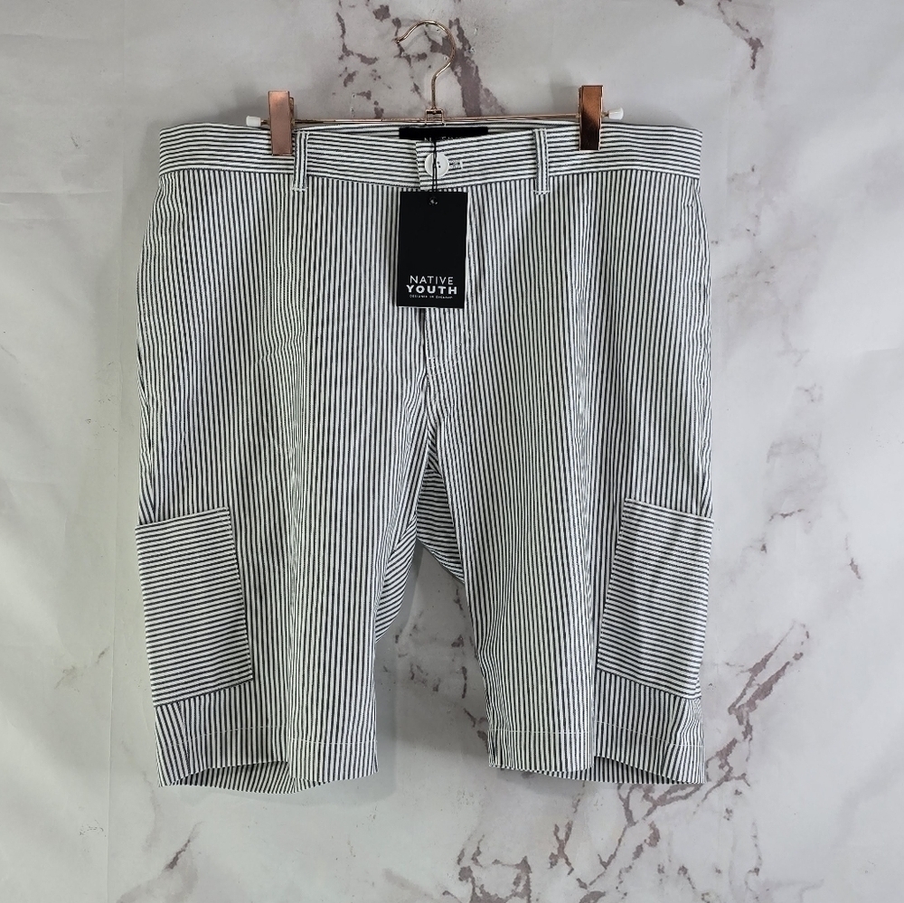 Native Youth Shorts Mens 32 Blue White Striped Chino 10 Inch Navy Pockets